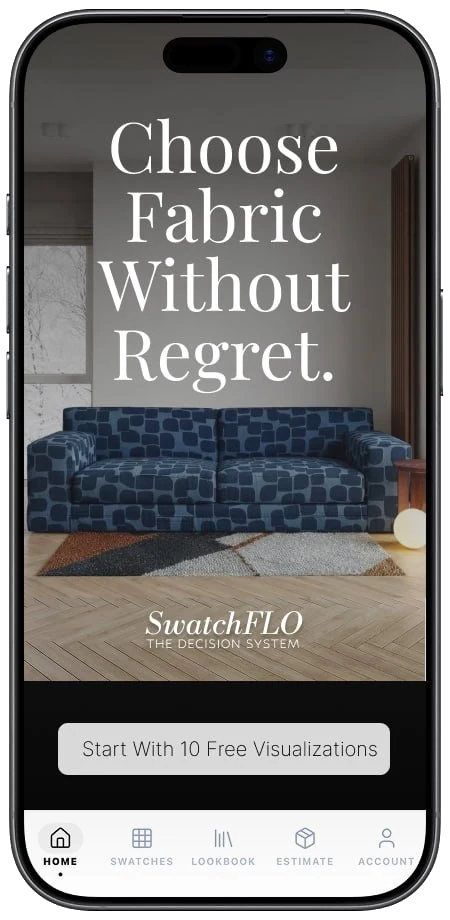 SwatchFLO home screen with blue patterned sofa